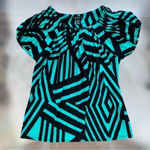 Style & Co. Black & Teal Green Geometric Pattern Puff Short Sleeve Blouse